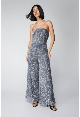 Sequin Strapless Wide Leg...