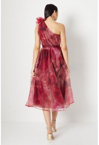 Corsage Trim Organza Strapless Midi Dress