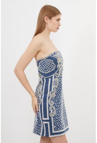 Premium Pearl Embellished Denim Woven Bandeau Mini Dress