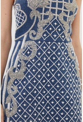 Premium Pearl Embellished Denim Woven Bandeau Mini Dress