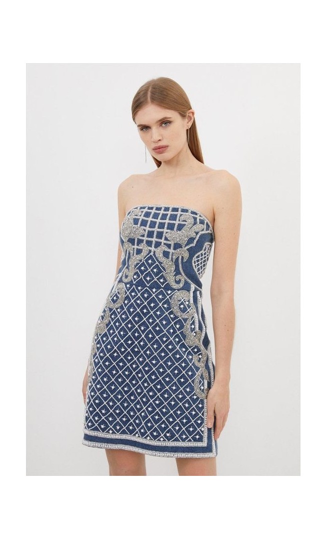 Premium Pearl Embellished Denim Woven Bandeau Mini Dress