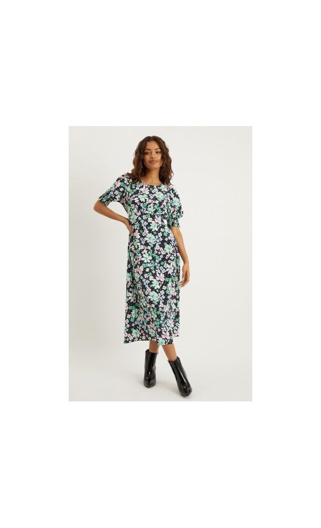 Petite Floral Shirred Cuff Dress