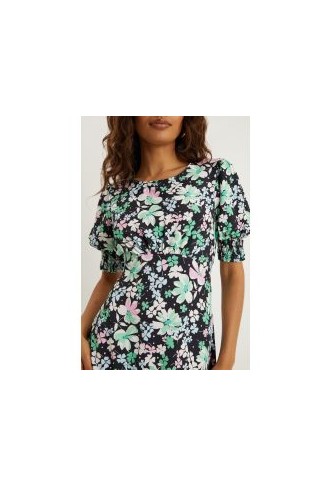 Petite Floral Shirred Cuff Dress