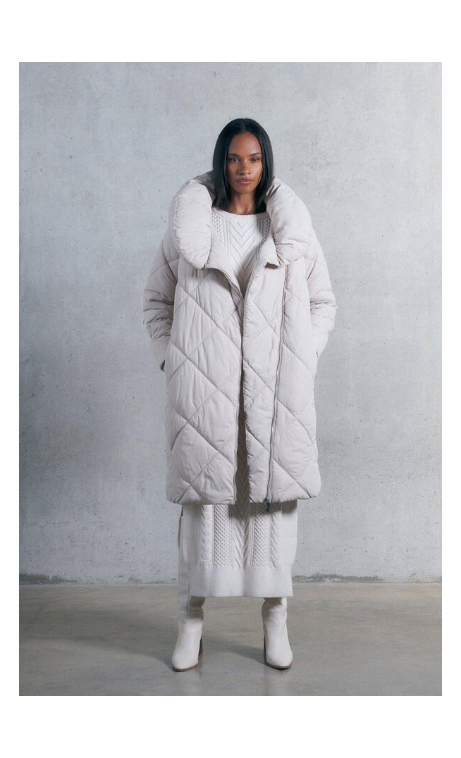 Long Quilted Shawl Collar Puffer Coat