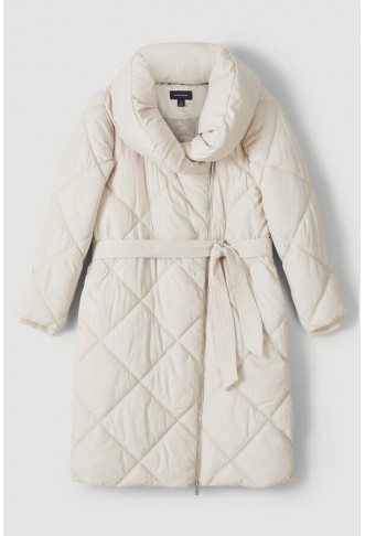 Long Quilted Shawl Collar Puffer Coat