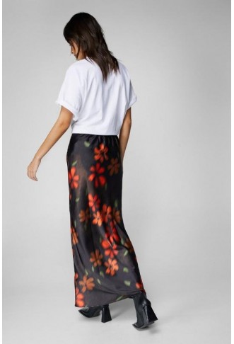 Blurred Floral Satin Bias Maxi Skirt