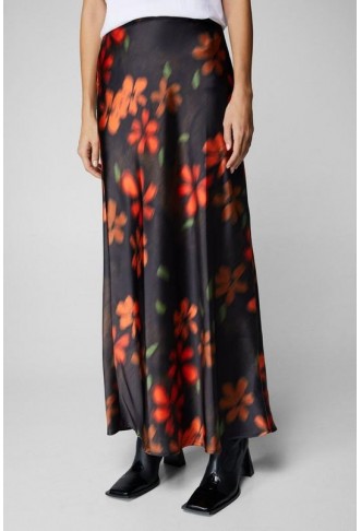 Blurred Floral Satin Bias Maxi Skirt