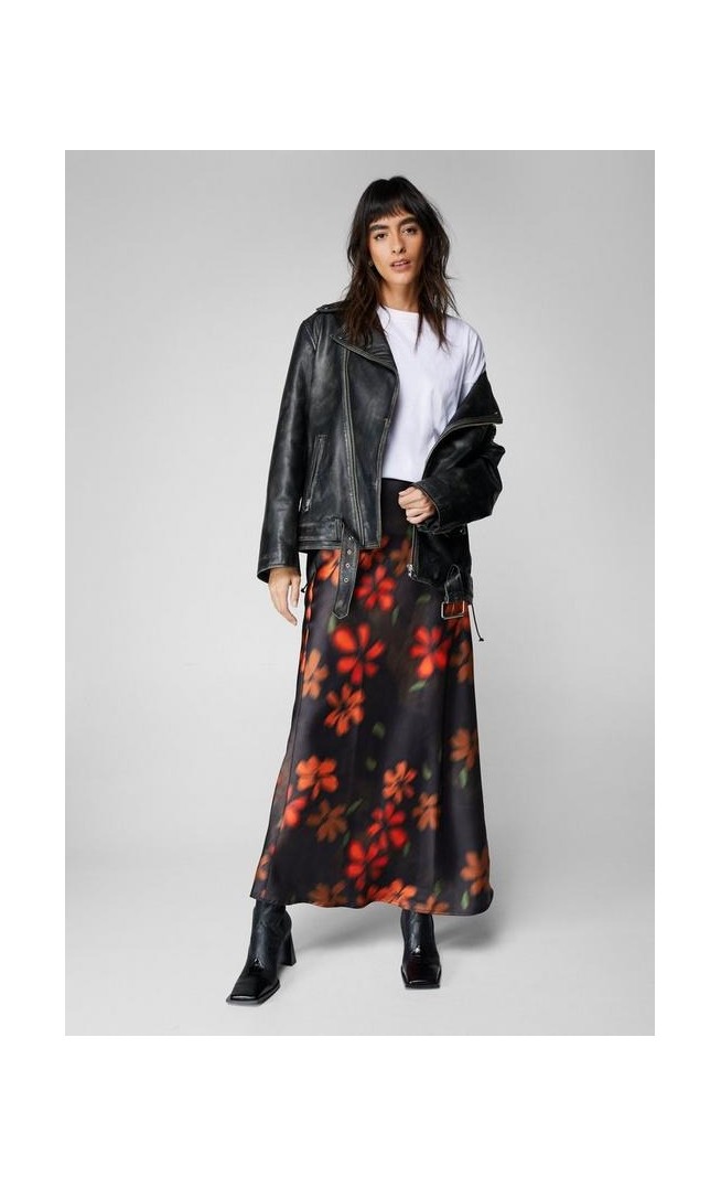 Blurred Floral Satin Bias Maxi Skirt