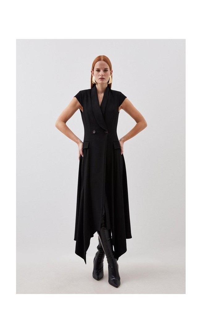 Tailored Polished Viscose Collared Detail Tuxedo Midi Dress