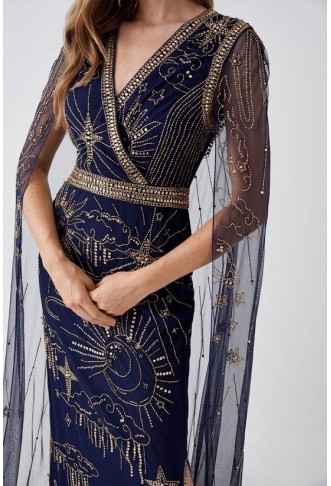 Celestial Hand Embellished Cape Back Maxi Dress