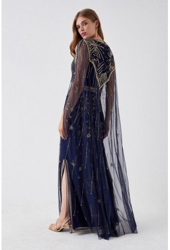 Celestial Hand Embellished Cape Back Maxi Dress