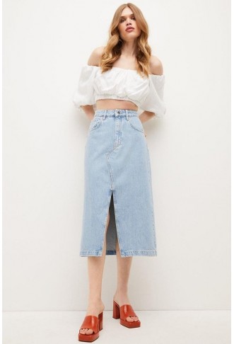 Spilt Front Denim Midi Skirt