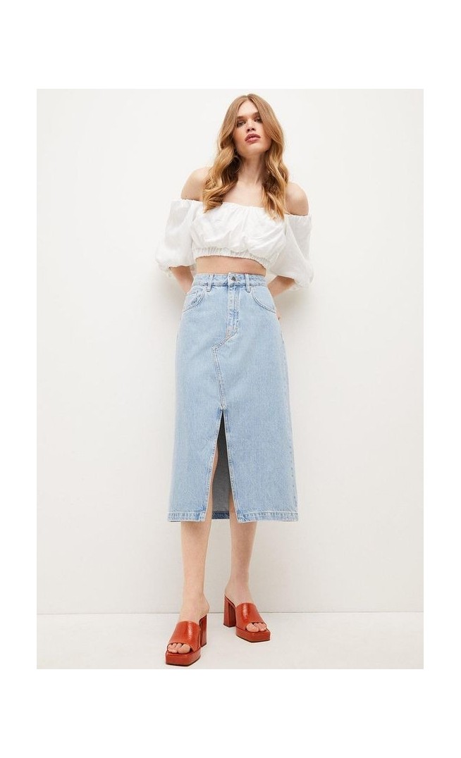 Spilt Front Denim Midi Skirt