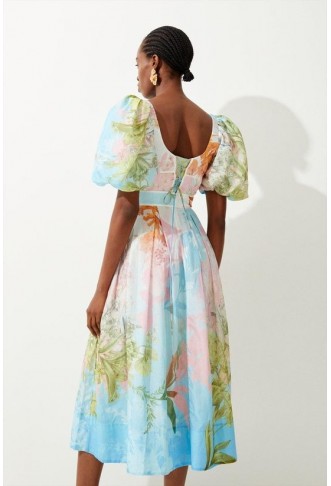 Ombre Botanical Cotton Top Stitch Midi Dress