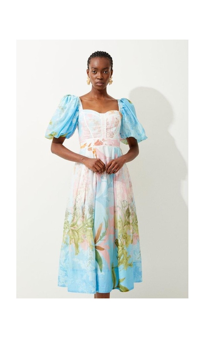 Ombre Botanical Cotton Top Stitch Midi Dress