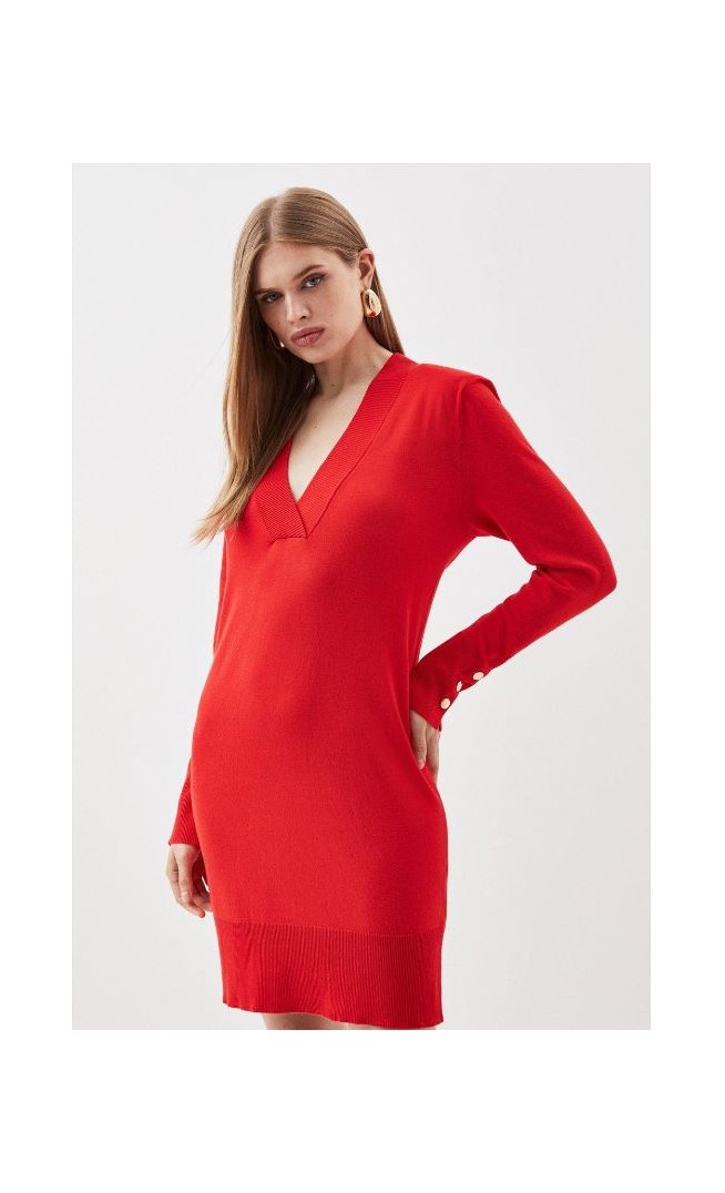 Red Viscose Blend V Neck Mini Dress