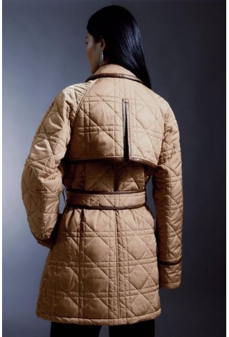 Diamond Quilt Contrast Binding Belted Short Coat