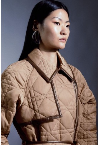 Diamond Quilt Contrast Binding Belted Short Coat