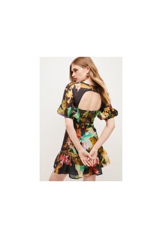 Dark Tropical Cotton Voile Puff Shoulder Mini