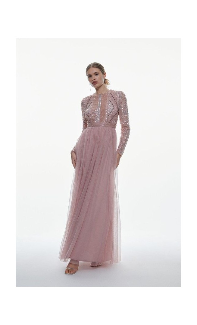 Embellished Bodice Tulle Skirt Woven Maxi Dress