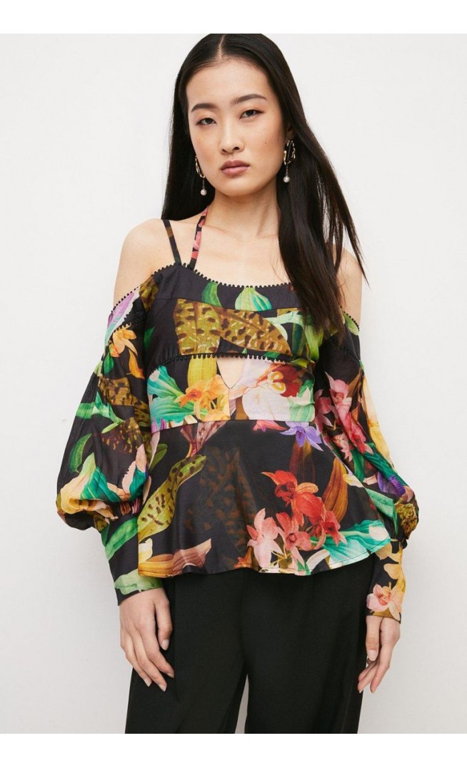 Dark Tropical Cotton Voile Halter Top