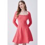 Square Neck Textured Knit Long Sleeve Mini Skater Dress