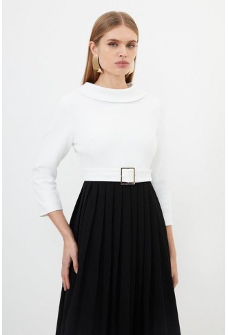 Tailored Structured Crepe Roll Neck Pleated Midi Dress