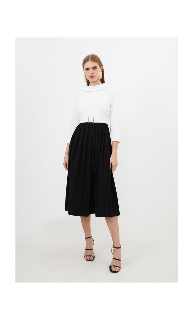 Tailored Structured Crepe Roll Neck Pleated Midi Dress