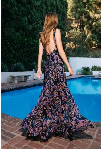 Paisley Backless V-Neck Maxi Dress