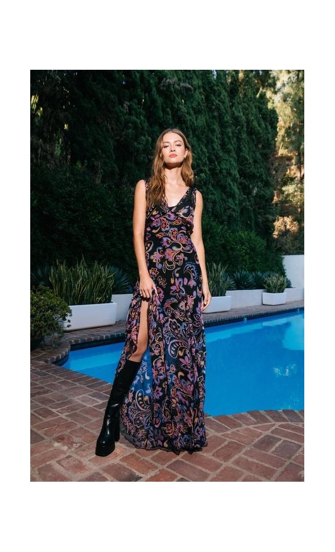 Paisley Backless V-Neck Maxi Dress