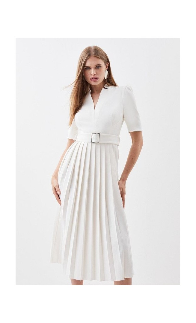 Petite Tailored Structured Crepe Forever Pleat Midi Dress