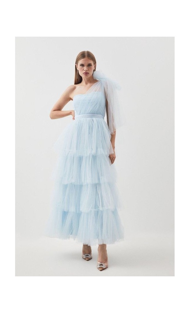 Tulle One Shoulder Woven Midi Dress