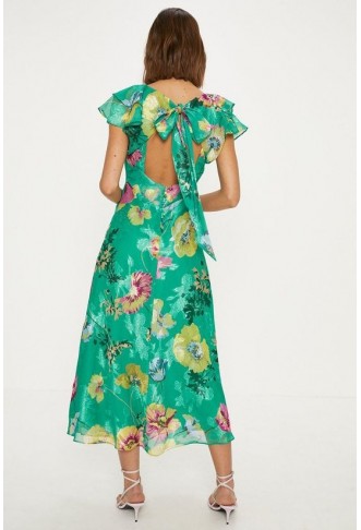 Bright Floral Satin Burnout Ruffle Midi Dress