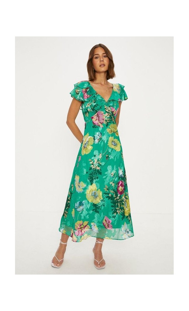 Bright Floral Satin Burnout Ruffle Midi Dress