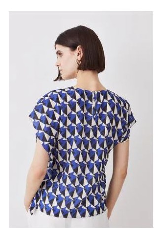 Geo Print Pintuck Short Sleeve Woven Top