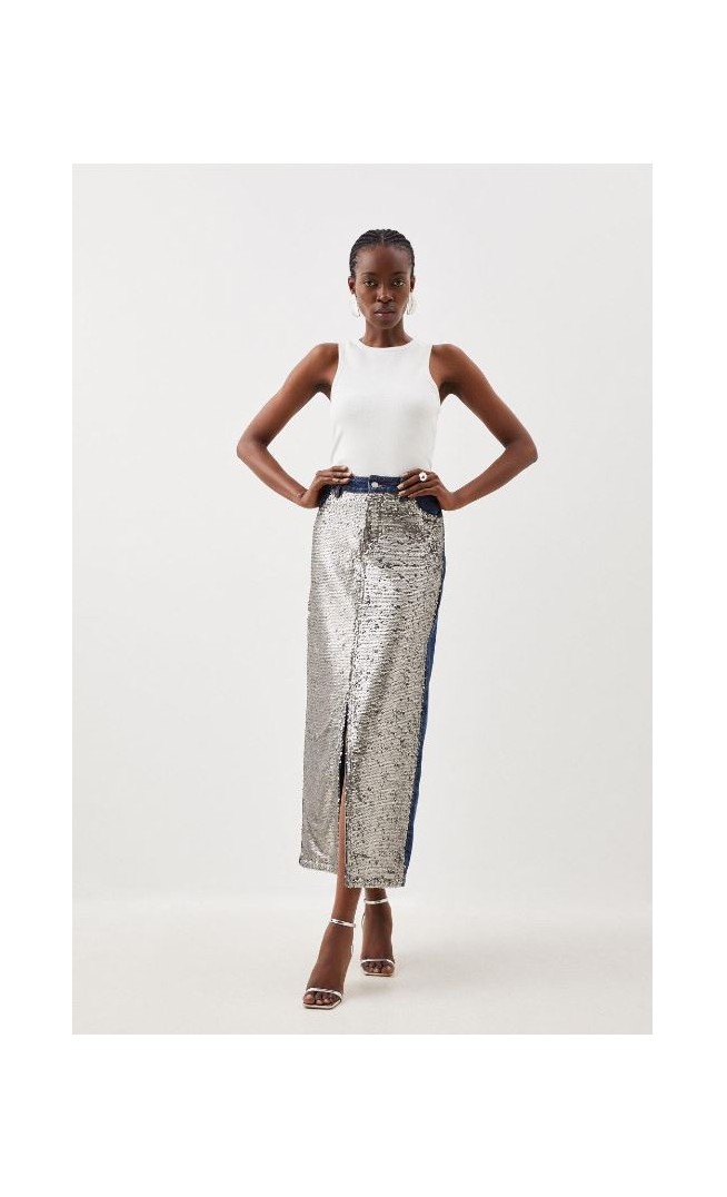 Denim & Sequin Maxi Skirt