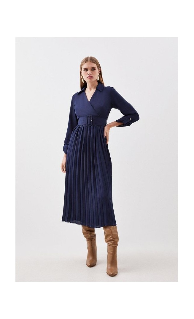 Pleated Georgette Belted Woven Maxi Dress