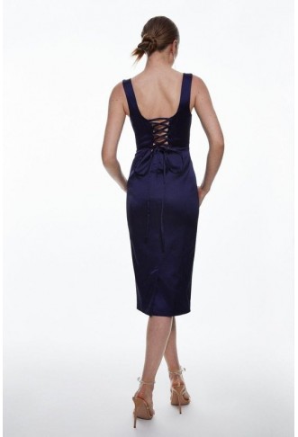 Italian Structured Satin Corset Back Detail Midi Pencil Dress