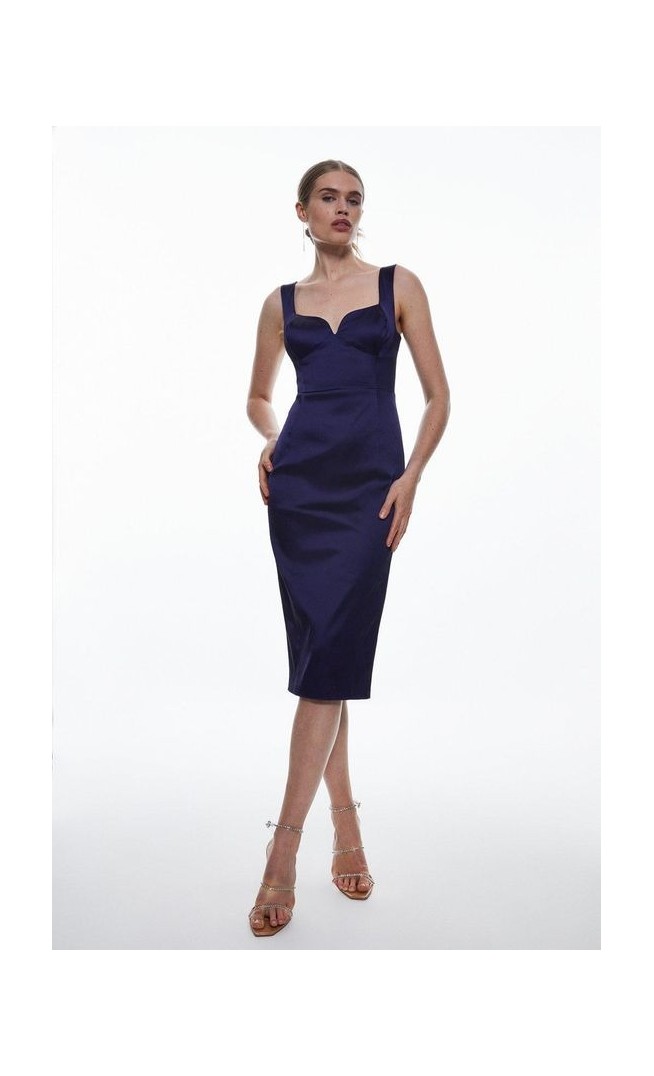 Italian Structured Satin Corset Back Detail Midi Pencil Dress