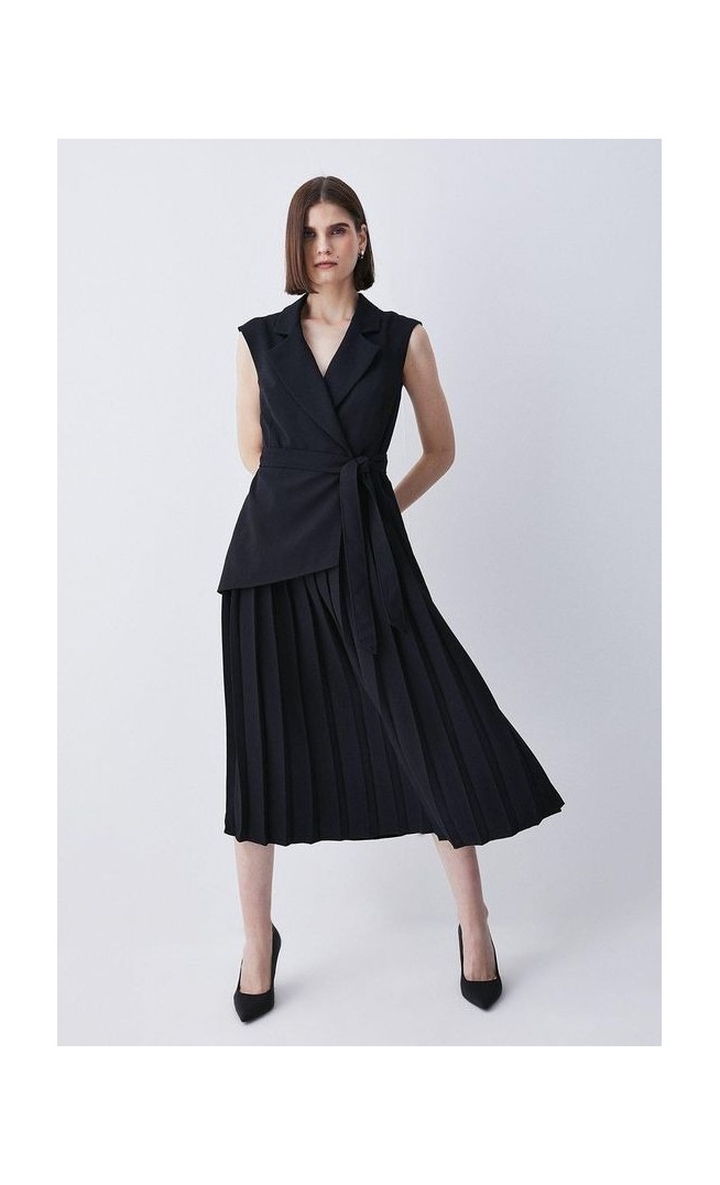 Military Pleat Sleeveless Midi Dress