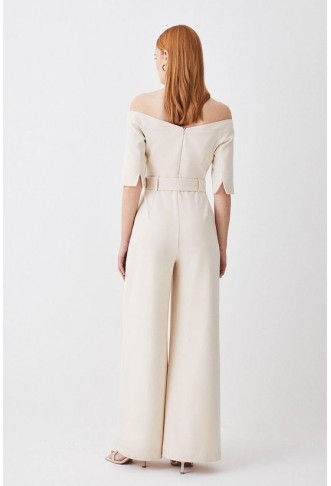 Structured Crepe Off Shoulder Wide Leg Jumpsuit