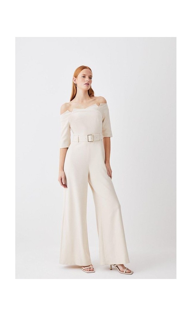 Structured Crepe Off Shoulder Wide Leg Jumpsuit