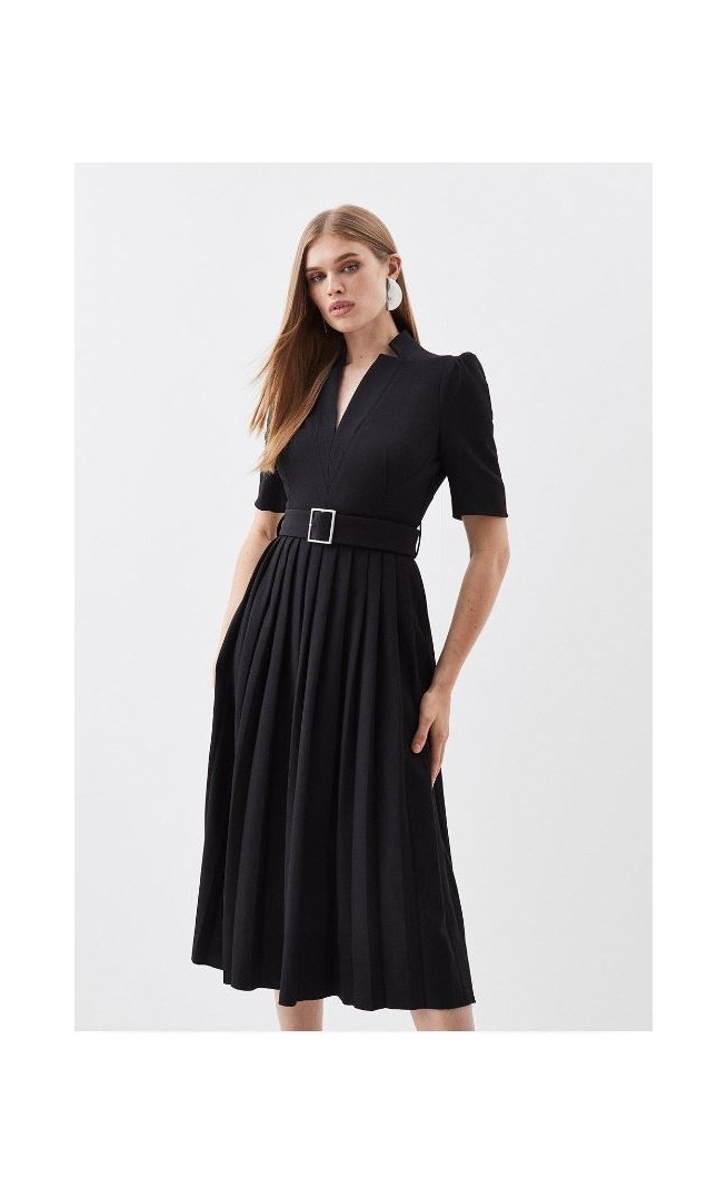 Petite Tailored Structured Crepe Forever Pleat Midi Dress