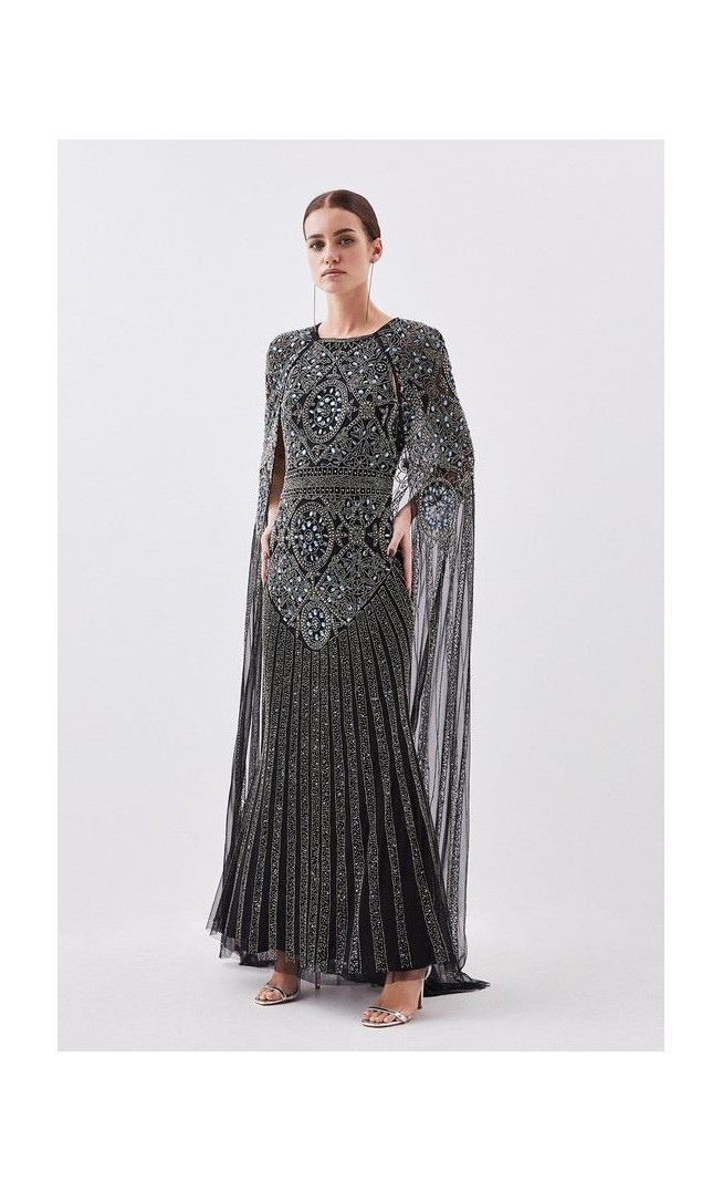 Petite Premium Embellished Caped Woven Maxi Dress