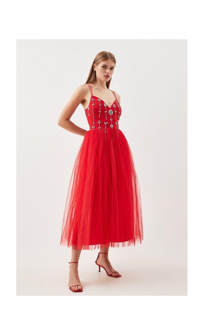 Crystal Embellished Tulle Midi Dress