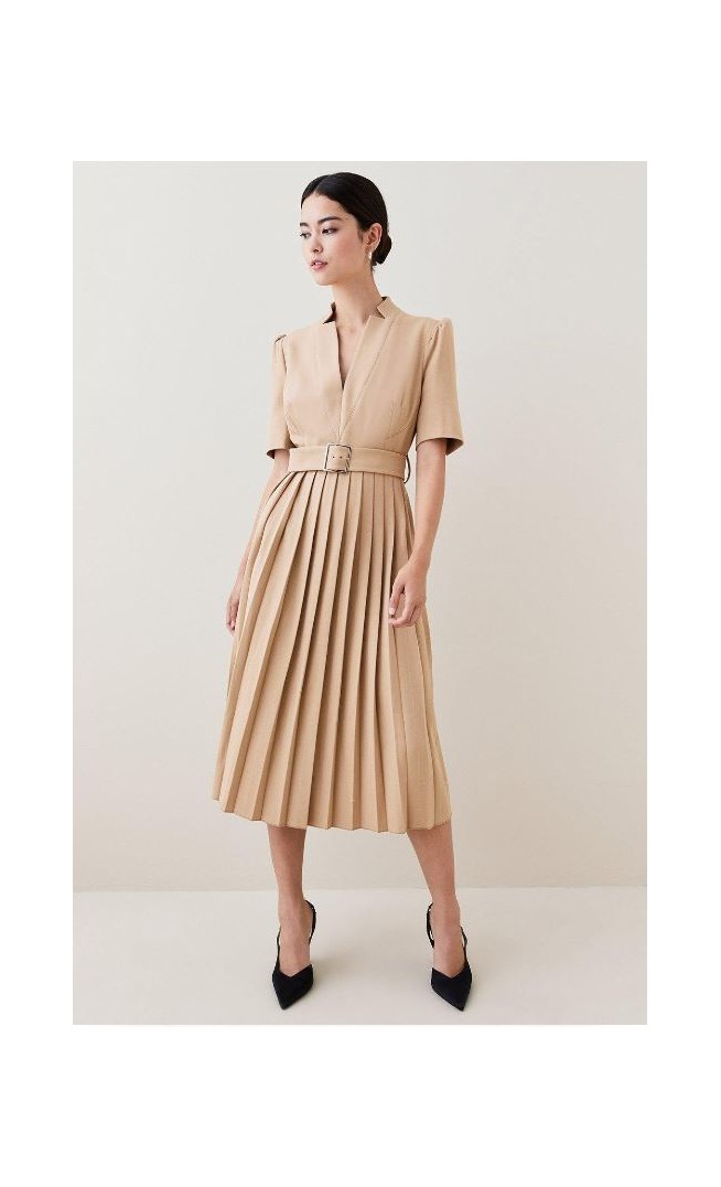 Petite Tailored Structured Crepe Forever Pleat Midi Dress