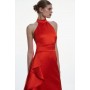 Italian Structured Satin Halter Neck Drape Pencil Midi Dress