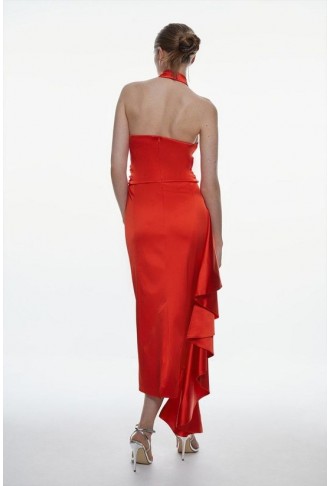 Italian Structured Satin Halter Neck Drape Pencil Midi Dress