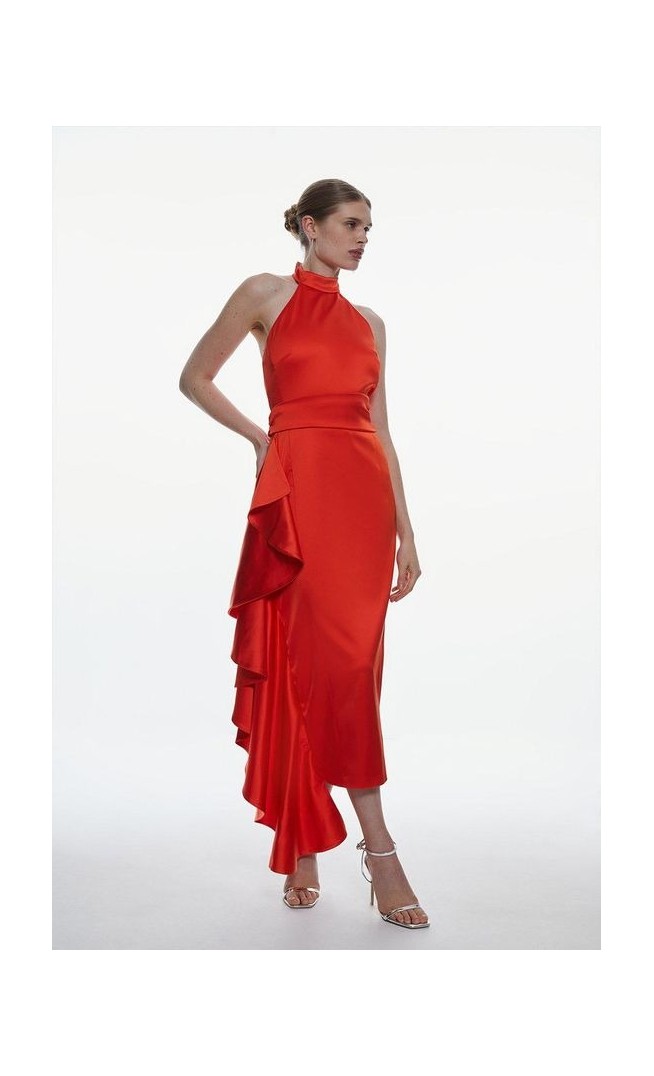 Italian Structured Satin Halter Neck Drape Pencil Midi Dress