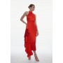 Italian Structured Satin Halter Neck Drape Pencil Midi Dress